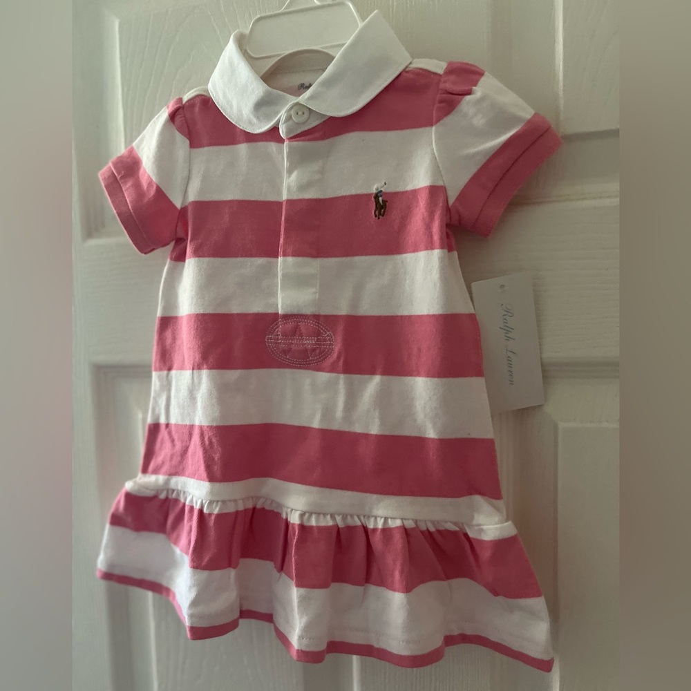 Ralph Lauren Pink and White Striped Polo Dress Infant Size 9-months